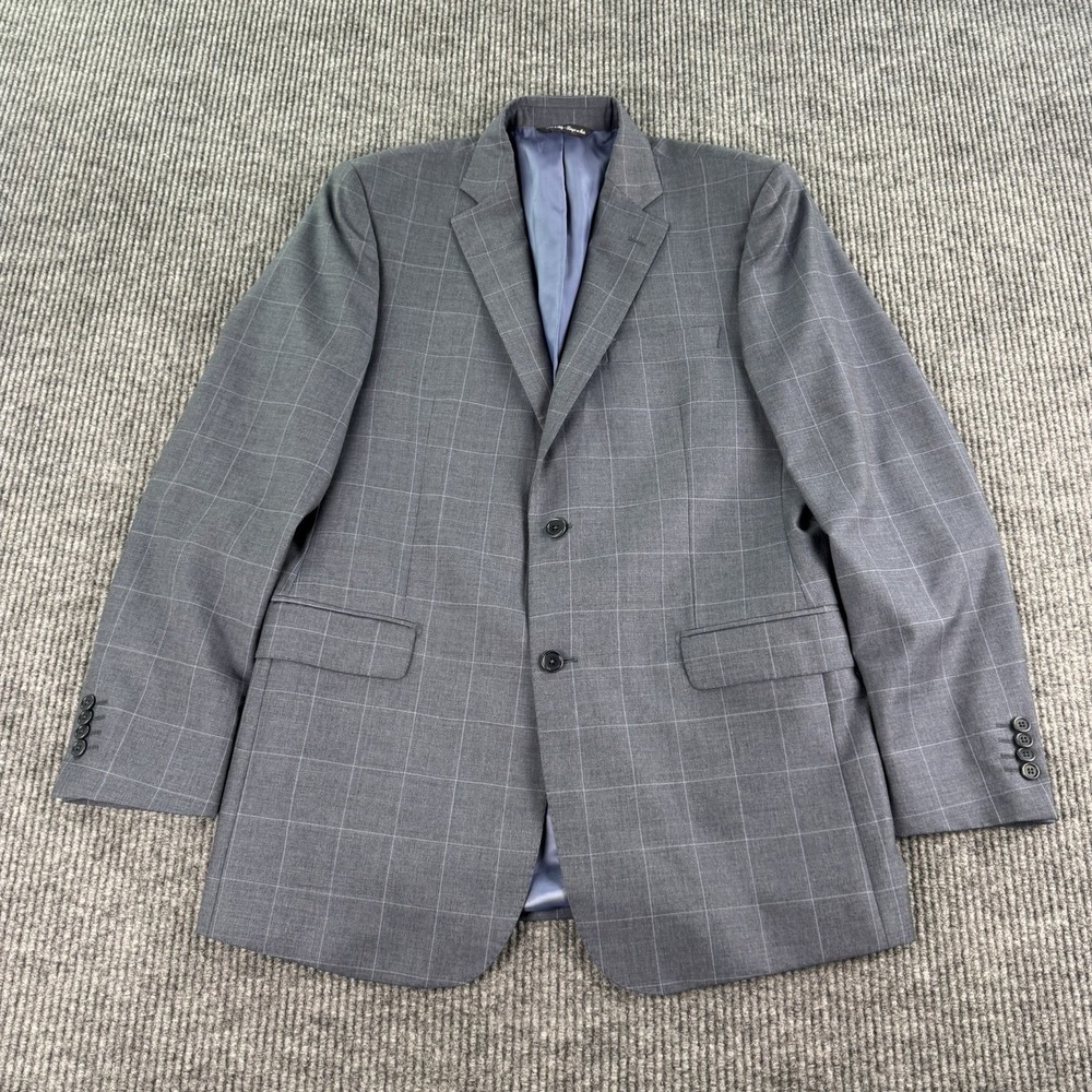Saks Fifth Ave Sport Coat 42L Blue Gray Windowpane Zegna Wool Italy Blazer